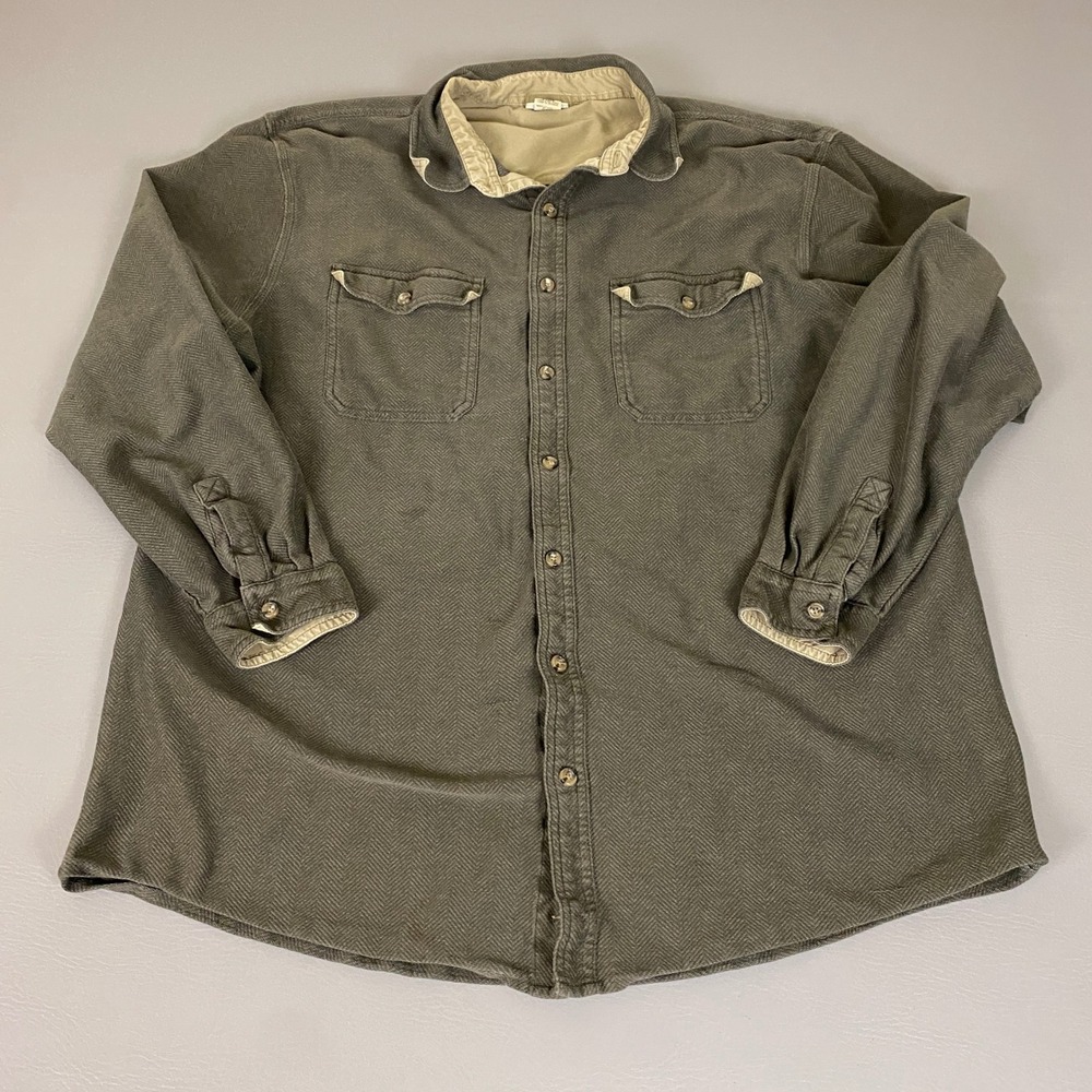 LL Bean Canvas Shacket Mens XL Tall Olive Green Herringbone Cotton Button Front*